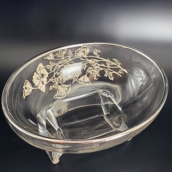 Viking Glass Flowerlite Flanders Scroll Silver Overlay Oval Flower Candle Frog - Picture 5 of 16